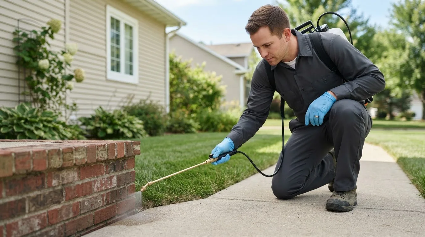 Pest control technician treating a home near Solomons, MD